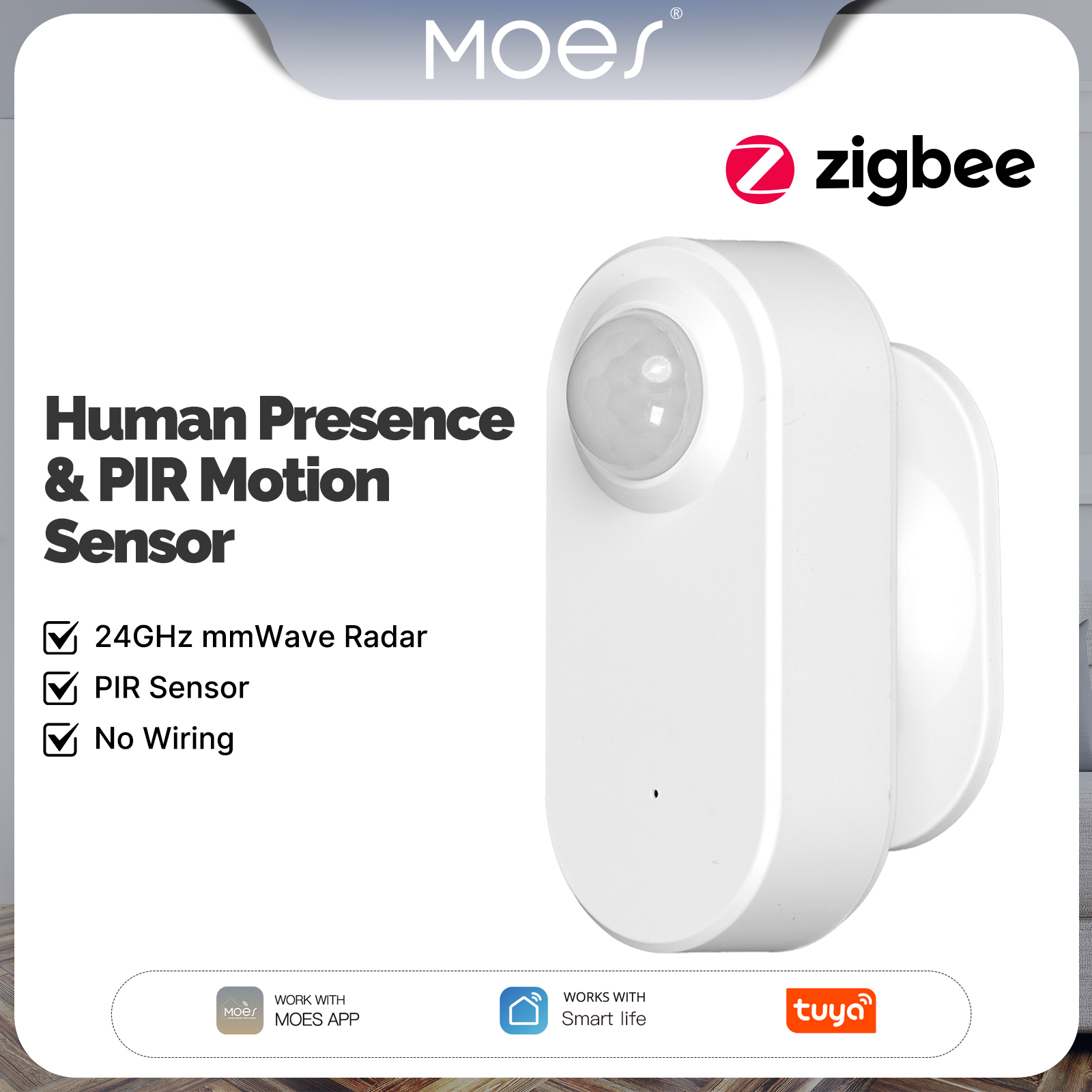 MOES ZigBee Human Presence PIR Sensor Smart Radar 24GHzmmWave Tuya Wireless App Remote Monitoring Motion&Motionless Detection