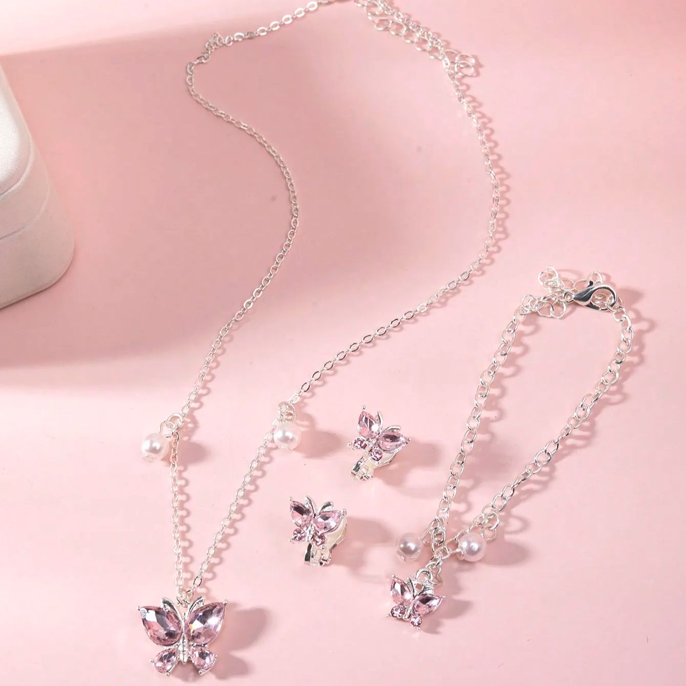 European and American pink purple simple generous butterfly necklace ear clip bracelet 3 pieces girl children's jewelry