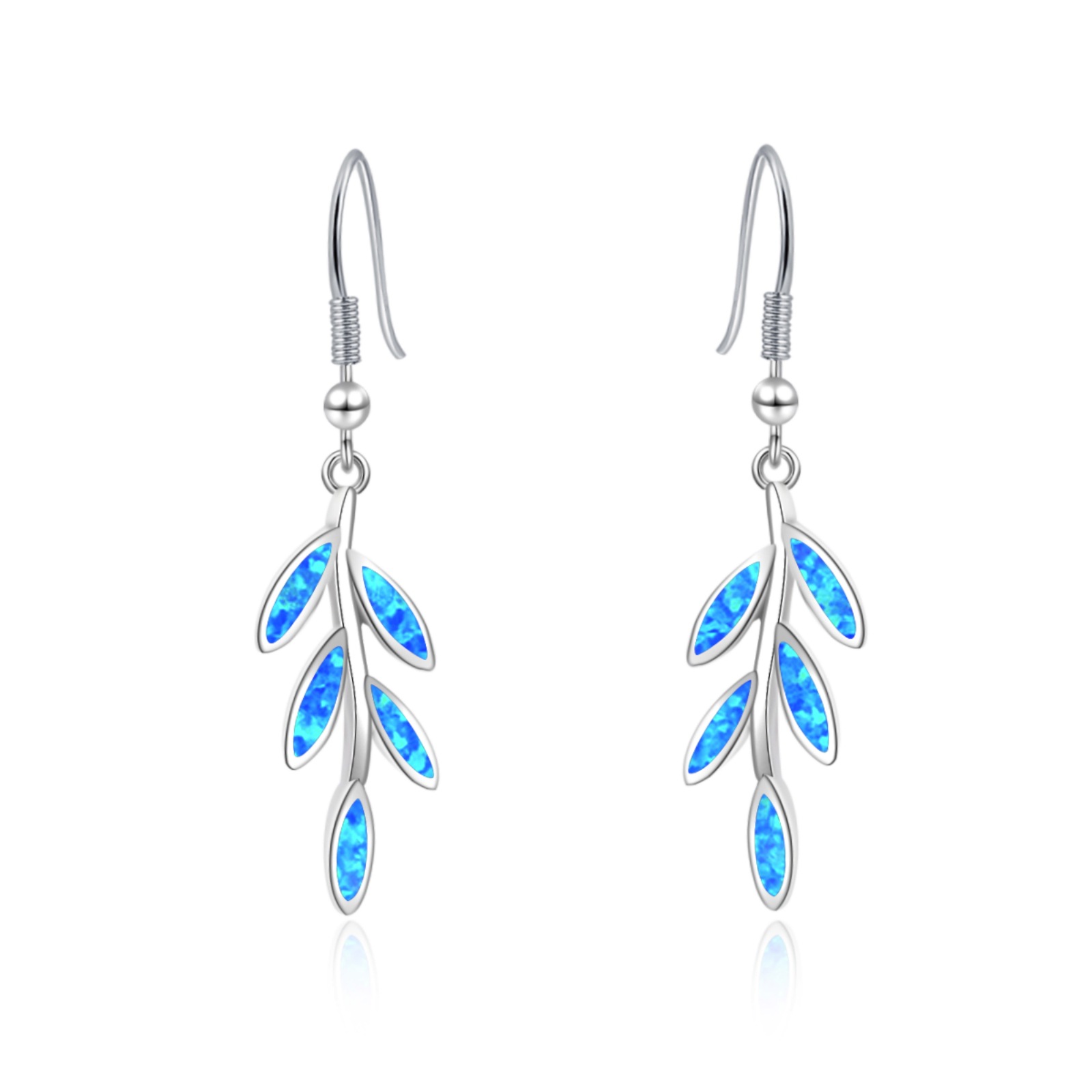 Elegant White K Plated Leaf Drop Earrings with Blue Opal,Nature Inspired Jewelry for Women,Hypoallergenic Bohemian Style Gift
