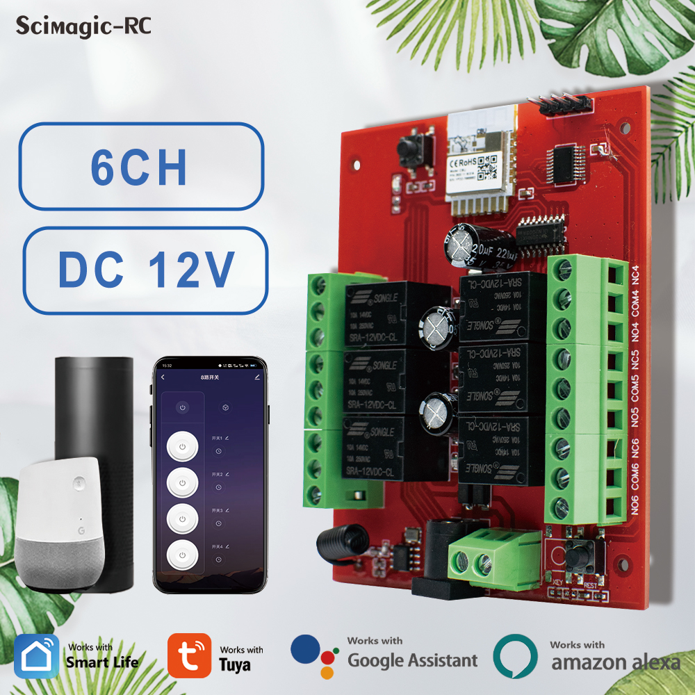 6 Channel Tuya Wifi Smart Wireless Relay Module Light Motor Switching DC 12V / 24V Remote Control Switch Circuit Breakers Alexa
