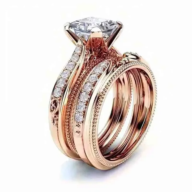 Huitan Graceful 2Pcs Rings Set for Wedding Bridal Charms Delicate Gorgeous Finger Accessories Brilliant Cubic Zirconia Jewelry