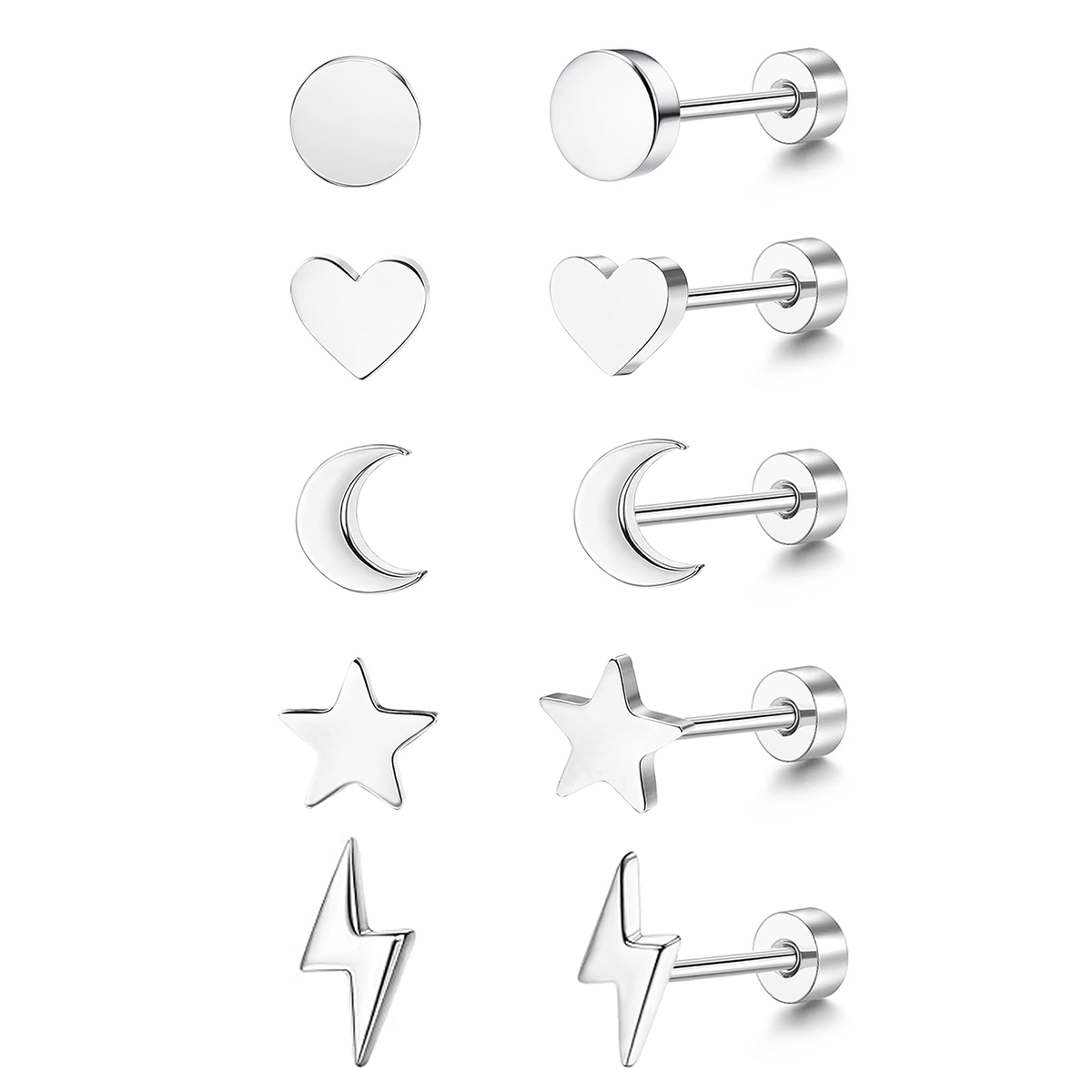 5 Pairs Earrings for Women Cartilage Earring Stacks Small Stainless Steel Earring Flat Back CZ Studs Sets for Multiple Piercing
