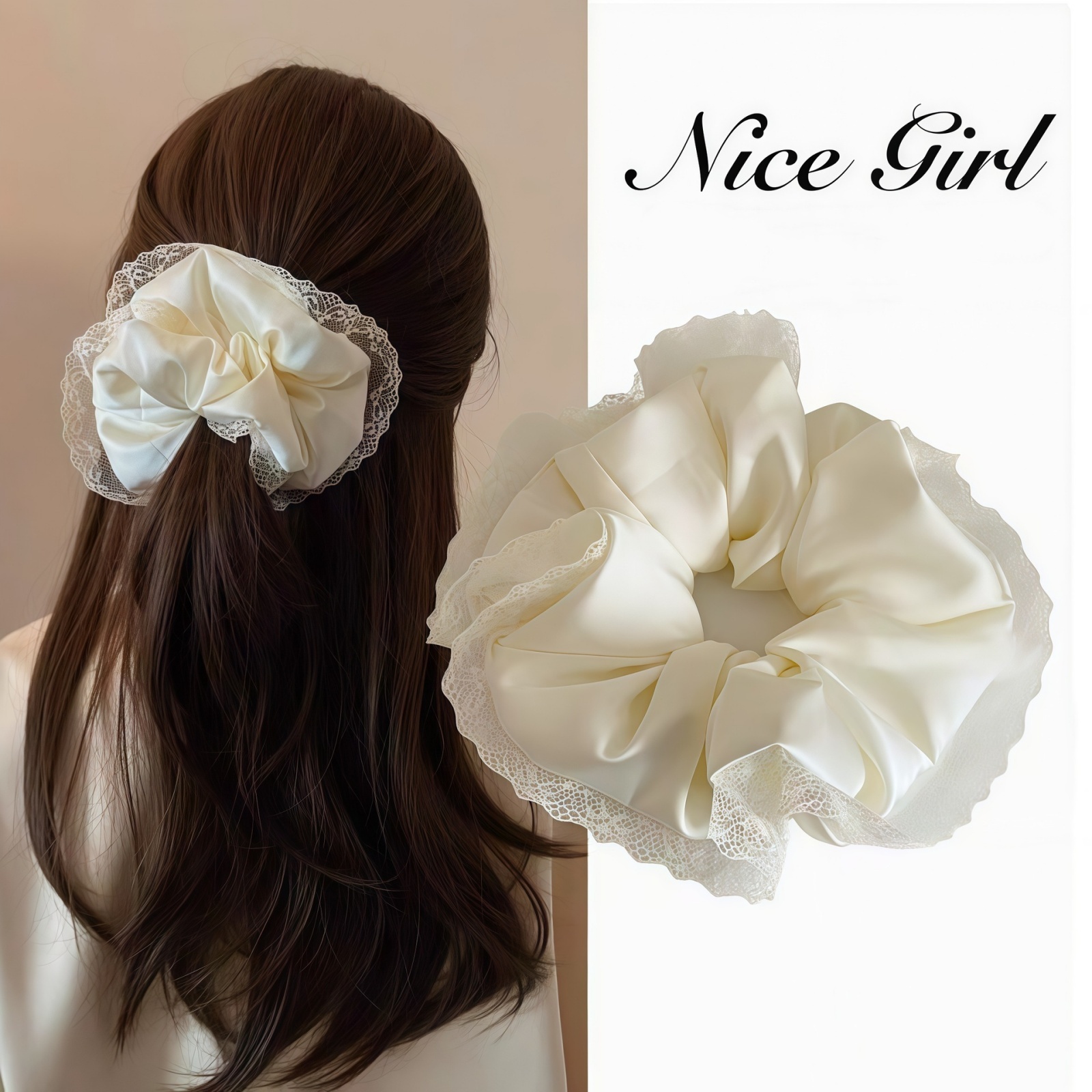 1PC Black and White Satin Hair Ties, Lace - Trimmed Scrunchies, Elegant Hair Accessories for Women's Daily Styling