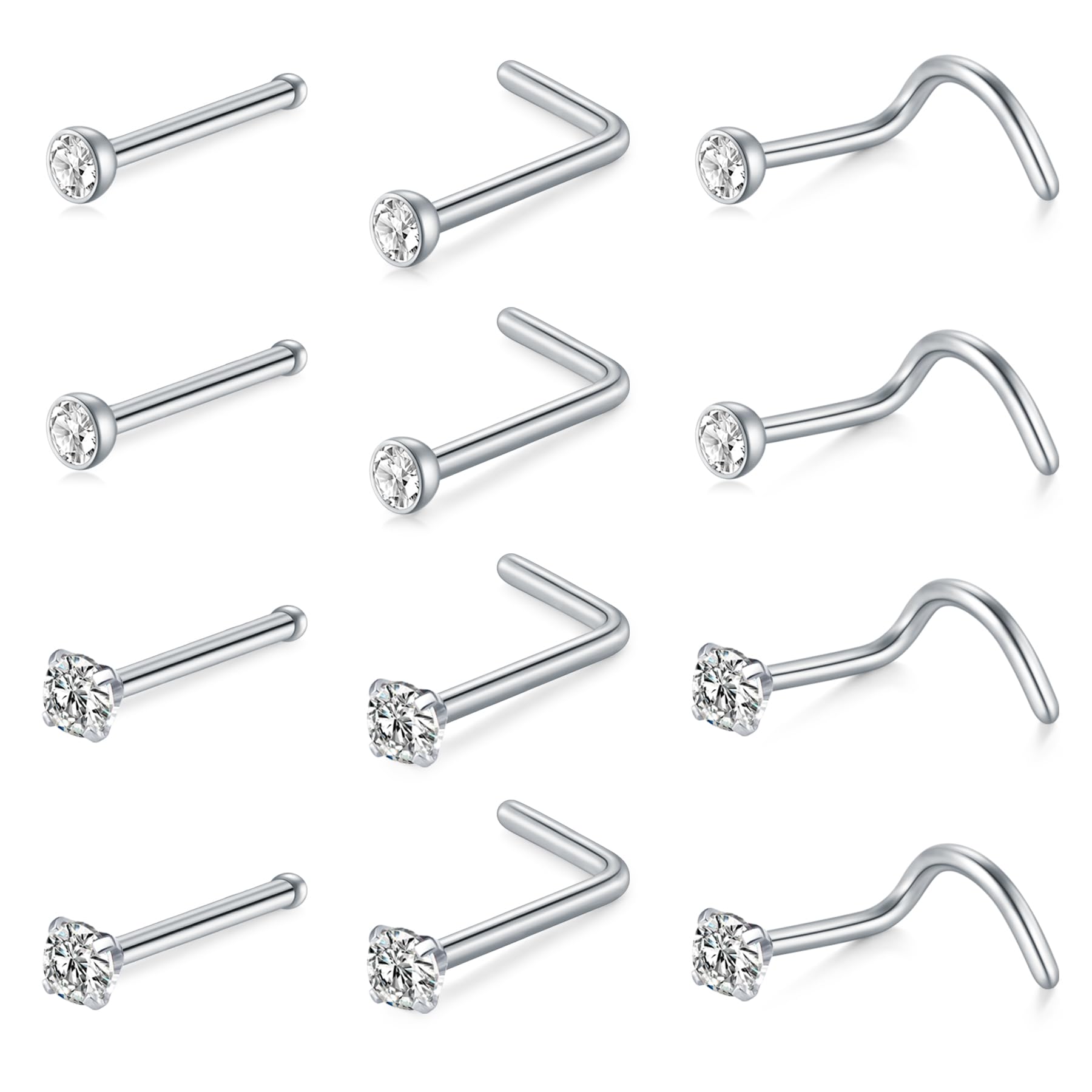 2pcs 20G Stainless Steel Nose Rings Studs L Shape Nose Screw Bone Diamond Corkscrew Nostril Piercing Jewelry Cubic Zircon