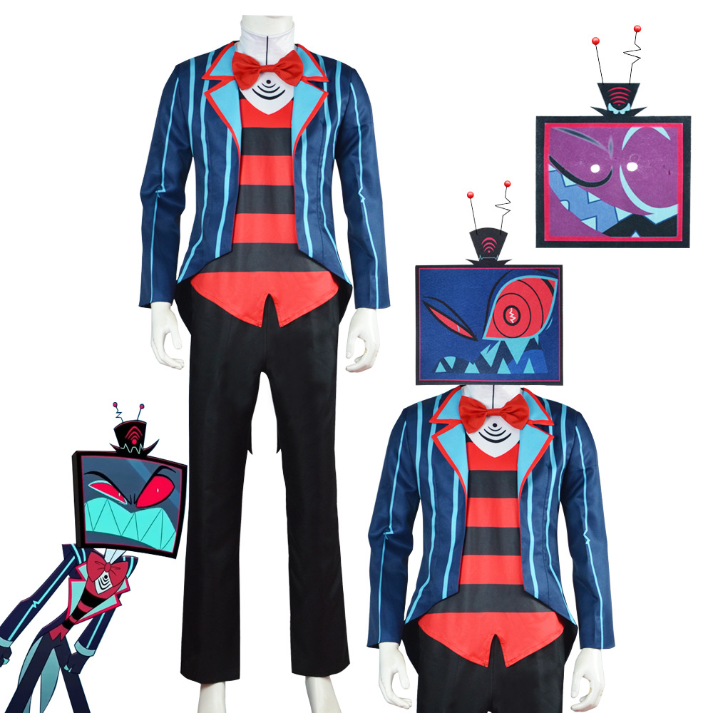 TV Hell Inn Cosplay Costume Tv Demon Vox White Suit Outfit with Mask Full Set Uniform For Adults Halloween Party Cosplay