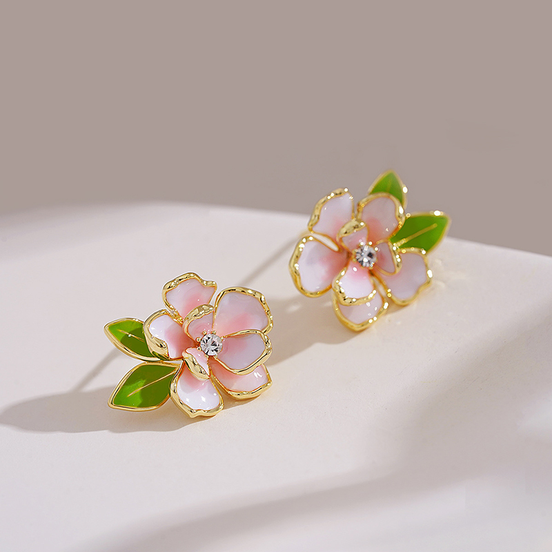 1Pair Fashion Camellia Enamel Flower Leaf Earrings Sweet Elegant Stud Earrings For Women Girls Anniversary Jewelry