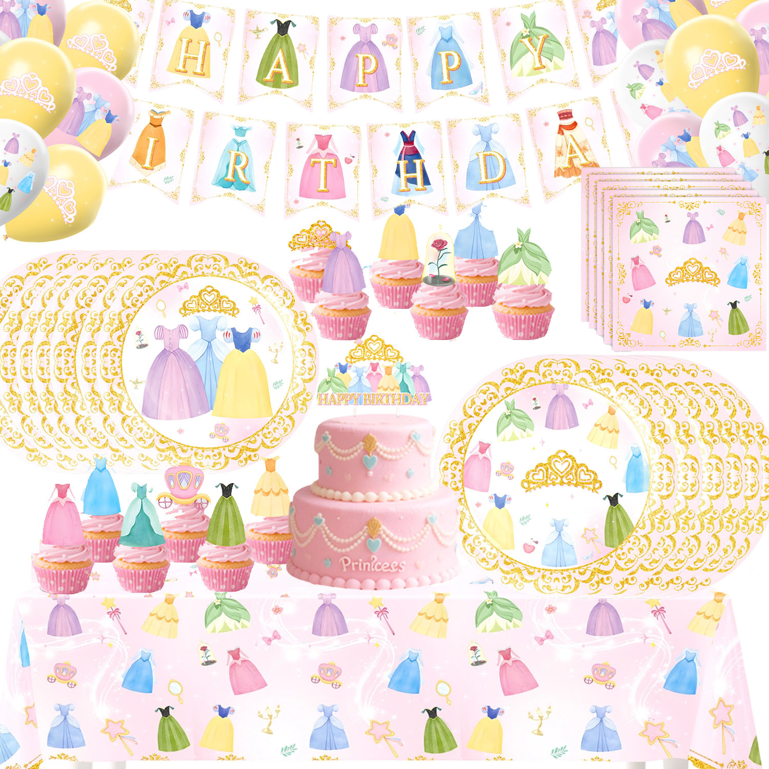 Princess Skirt Birthday Party Decoration Cinderella Snow White Elsa Dress Tableware Plate Cup Balloon Girls Party Decor