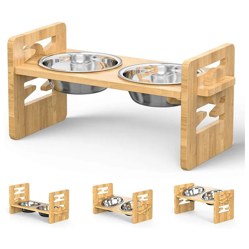 1PC Anti Slip Bamboo Pet Feeder Stand Adjustable Raised Food Bowls with 2 Bowls for Comfort Feeding