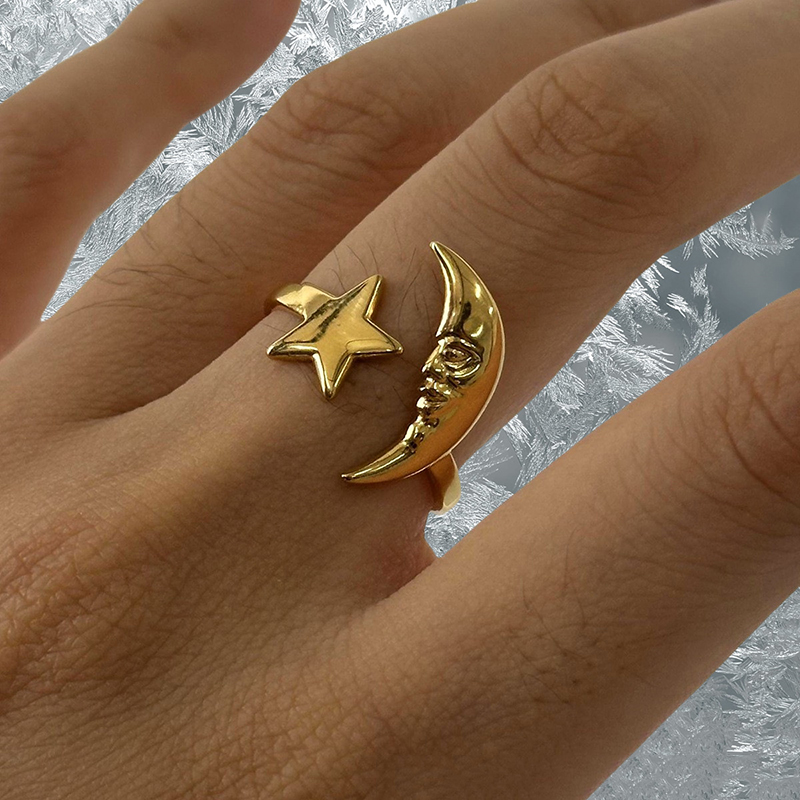 Stainless Steel Star Moon Pattern Open Ring Women Geometric Adjustable Ring Simple Fashion Jewelry Finger Jewelry
