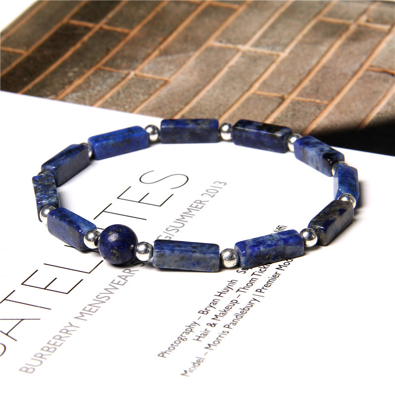 1pc Fashion Square Tube Stone Beads Bracelet Natural Stone Beaded Silver Color Round Ball Charm Bracelet Jewelry Women Men
