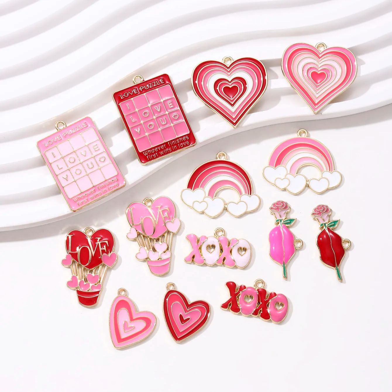 5pcs Pretty Heart XOXO Rose Flower Rainbow Calendar Enamel Charms Cartoon Love Pendants For DIY Valentine's Day Making
