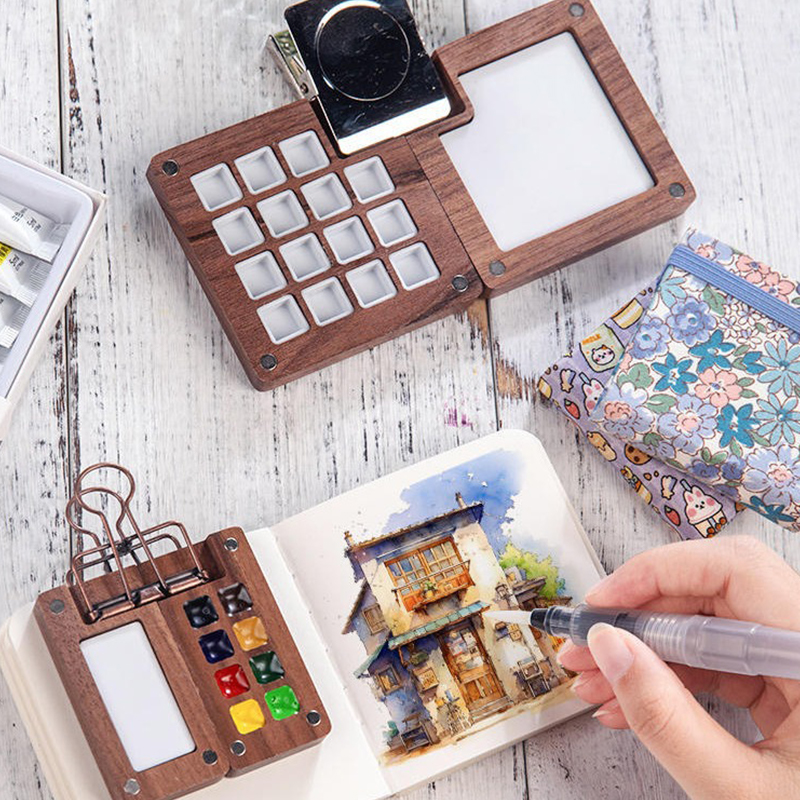 Mini Walnut Wood Watercolor Palette Portable Paint Box With Clip Travel Painting Paint Tray Art Supplies Sketchbook Palette