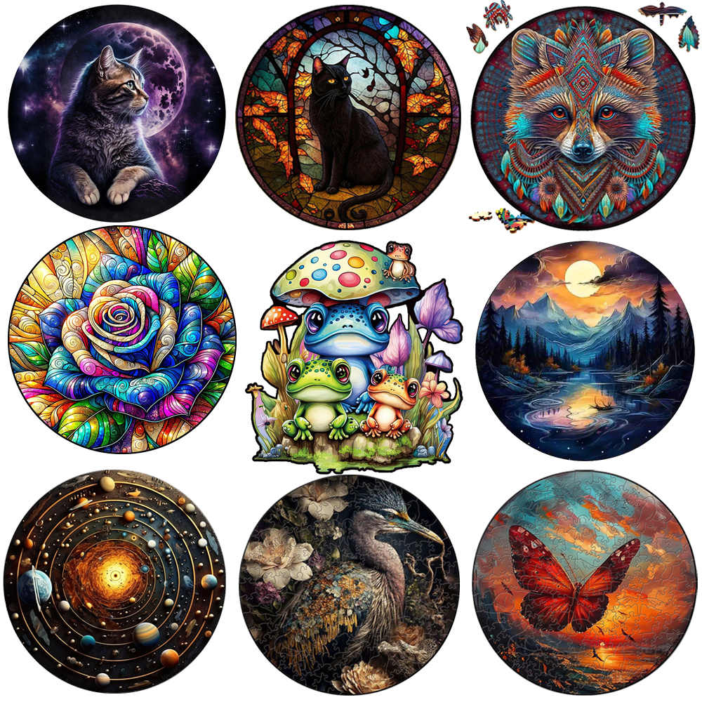 cat Series Wooden animal Puzzle Jigsaw Diy Draft For Kids Adults 3d Puzzle Brain Games circular wood Jigsaws