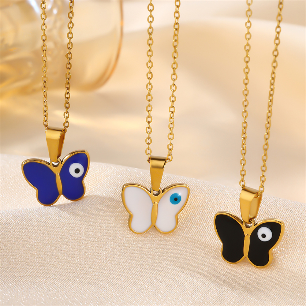 Kissmoon Charm Cute Evil Eye Exquisite Butterfly Pendant Stainless Steel Gold Color Necklace for Women Party Jewelry s dr. eyemo