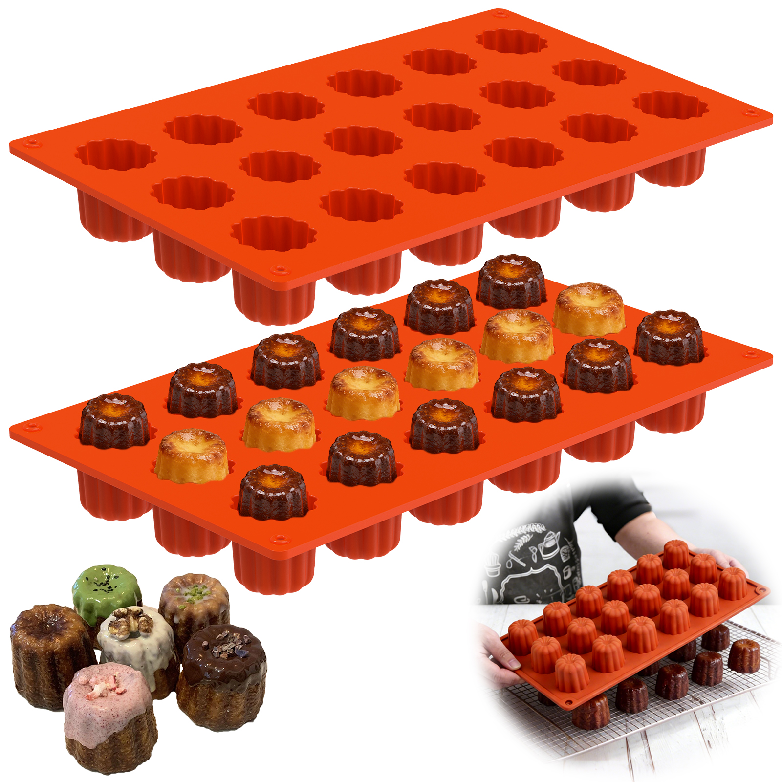 2Pcs Cannelé Mold 18 Cavity Non Stick Mini Silicone Canelé Fluted Mould for Oven Air Fryer Microwave Easy Demold Diameter
