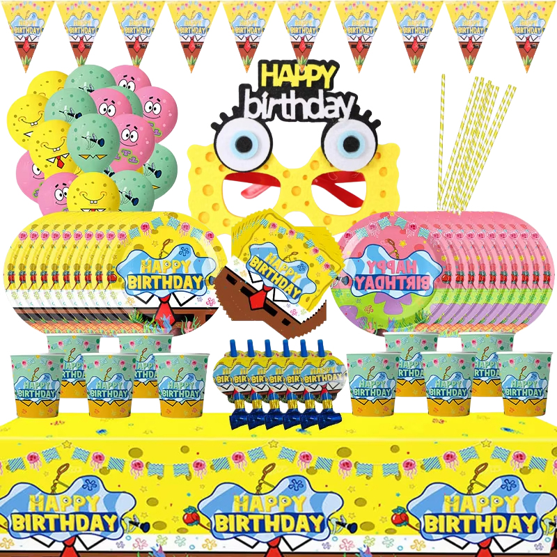 Anime Yellow BOB Theme Birthday Party Supplies Lovely Tableware Kit Cup Plate Balloon Banner Cake Topper Decorations Kids