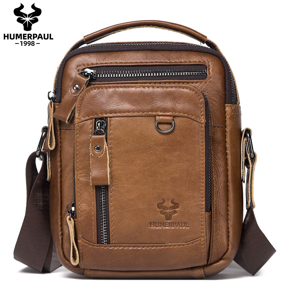 HUMERPAUL Small Casual Shoulder Bag for Men Top Layer Leather Messenger Crossbody Bags High Quality Male Travel Sling Handbag