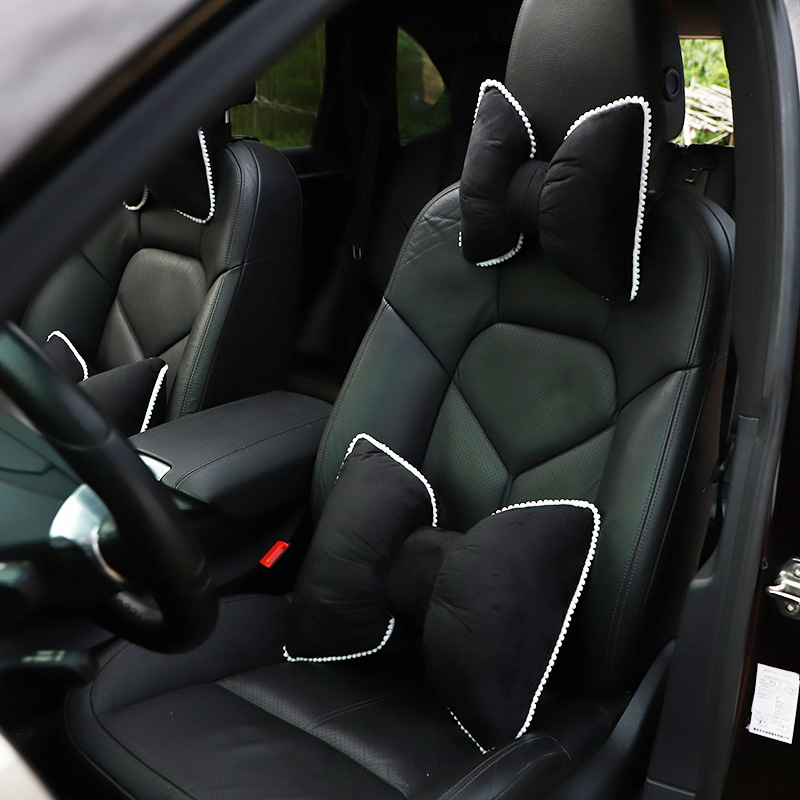 Comfortable Soft Blac Plush Car Headrest Lumbar Support Cartoon Bowknot Car Waist Neck Pillow Car Interior Decoration For Winter