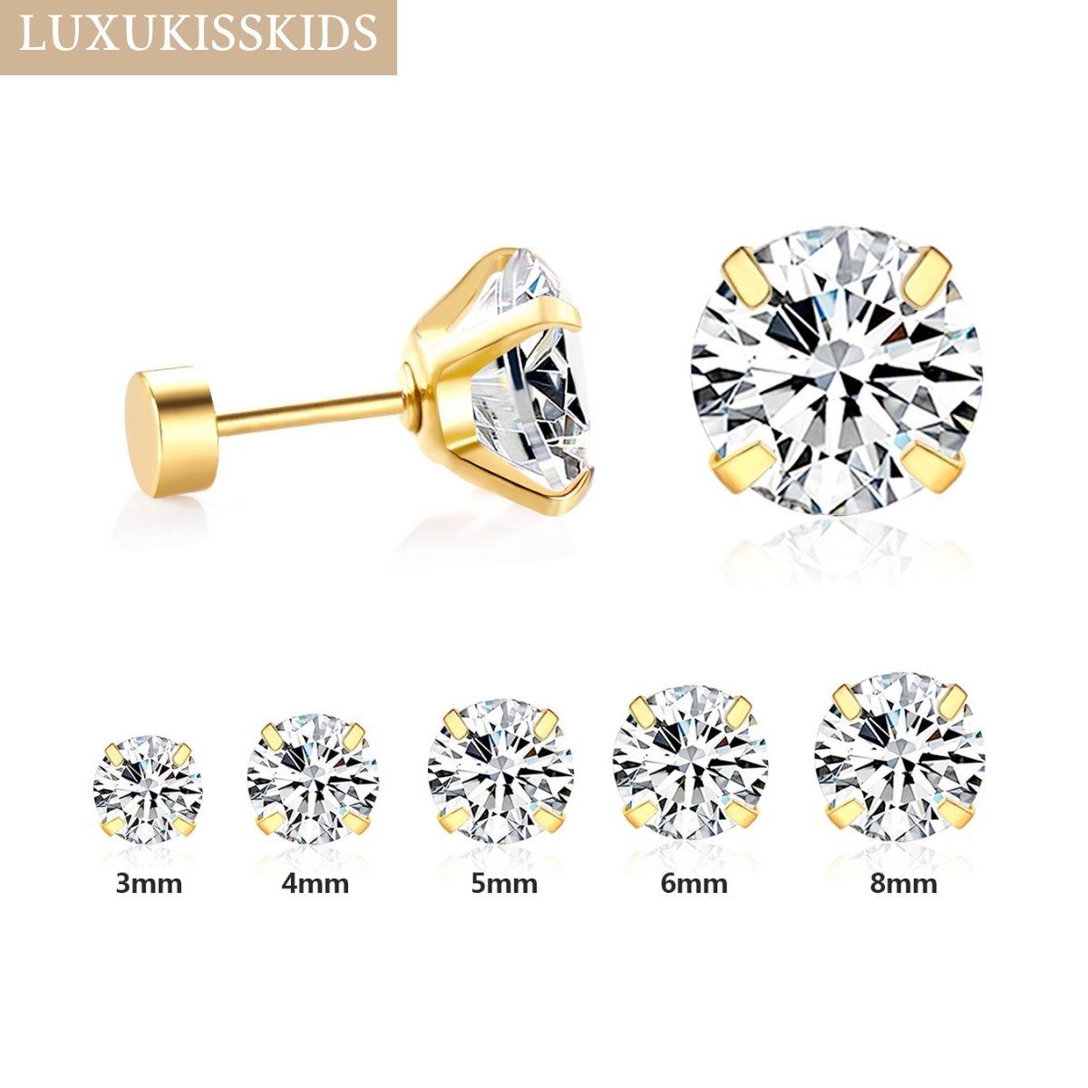 LUXUKISSKIDS Earrings Man 3-8MM Shiny Clearly Cubic Zirconia Piercing For Woman/Girls Surgical Steel Silver/Gold Color серьги