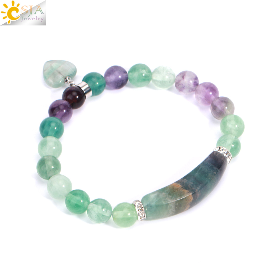CSJA Women's Natural Stone Crystal Bracelet Love Heart Beaded Sodalite Tiger Eye Rose Quartz Amethyst Friendship G909
