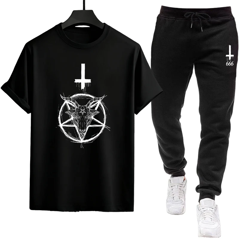 Satan Demon Printed T-shirt + Sweatpants Men Tracksuit Urban Casual Fashion Outfit Spring Summer Home Outdoor Comfort Men's Set