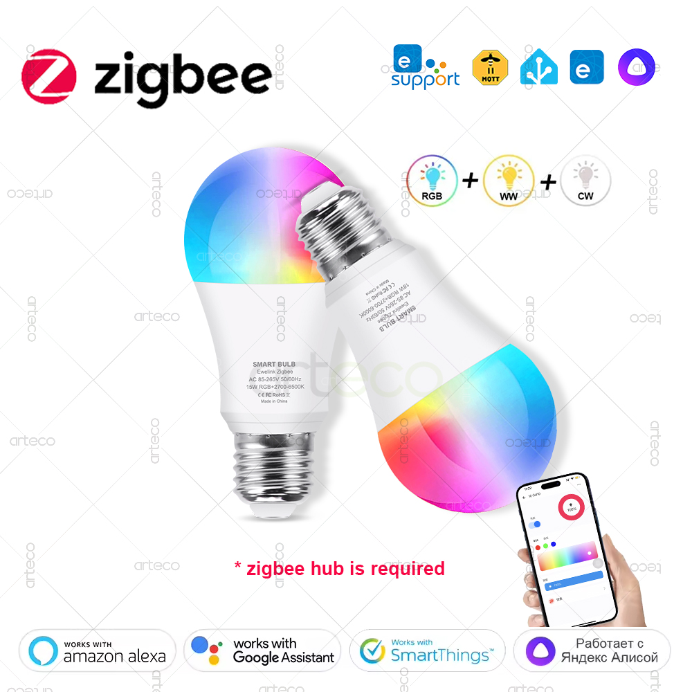Zigbee E27 LED Bulbs 15W 18W,Dimmable Light LED Lamp 2700-6500K RGB,For ewelink Zigbee Gateway,For Alexa Yandex Smartthings Z2M