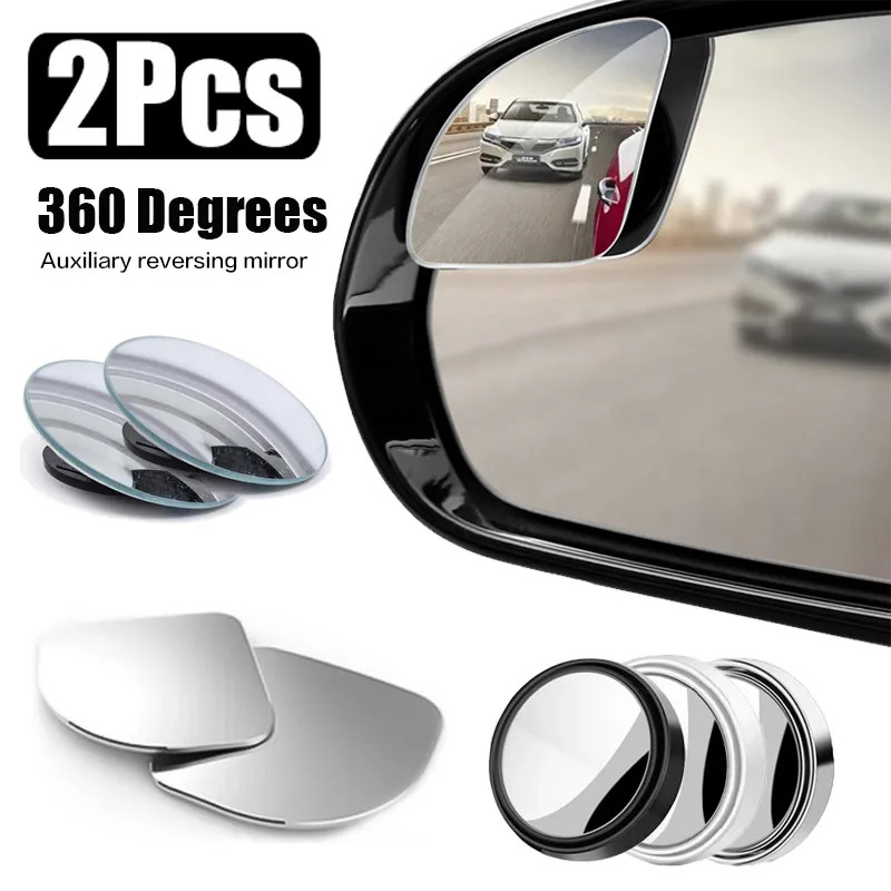 2Pcs Round Frame Convex Blind Spot Mirror Safety Driving Wide Angle 360 Degree Adjustable Clear Rearview Mirror