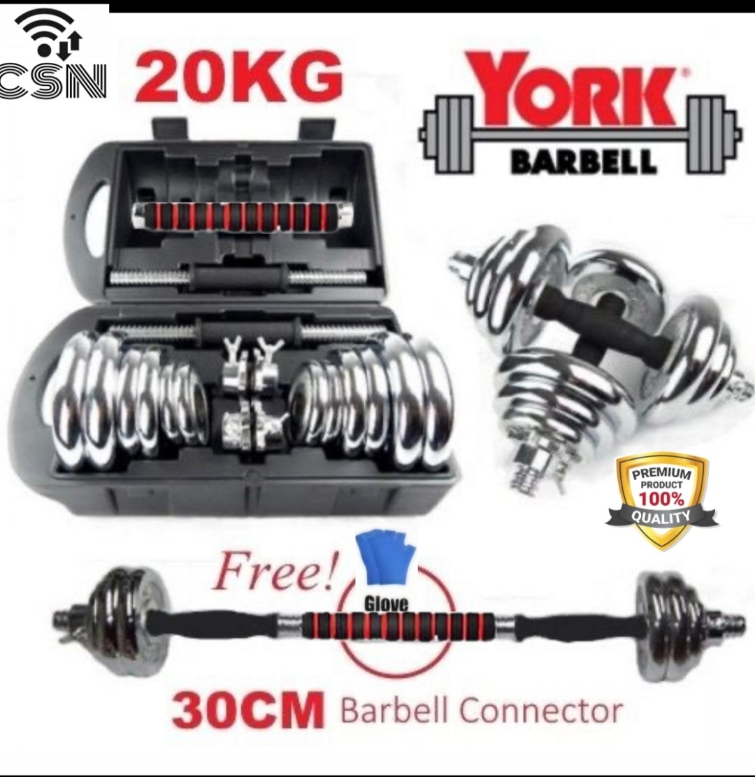York 20kg Dumbbell Set Steel Adjustable (2 in 1) Barbell Gym Workout Exercises