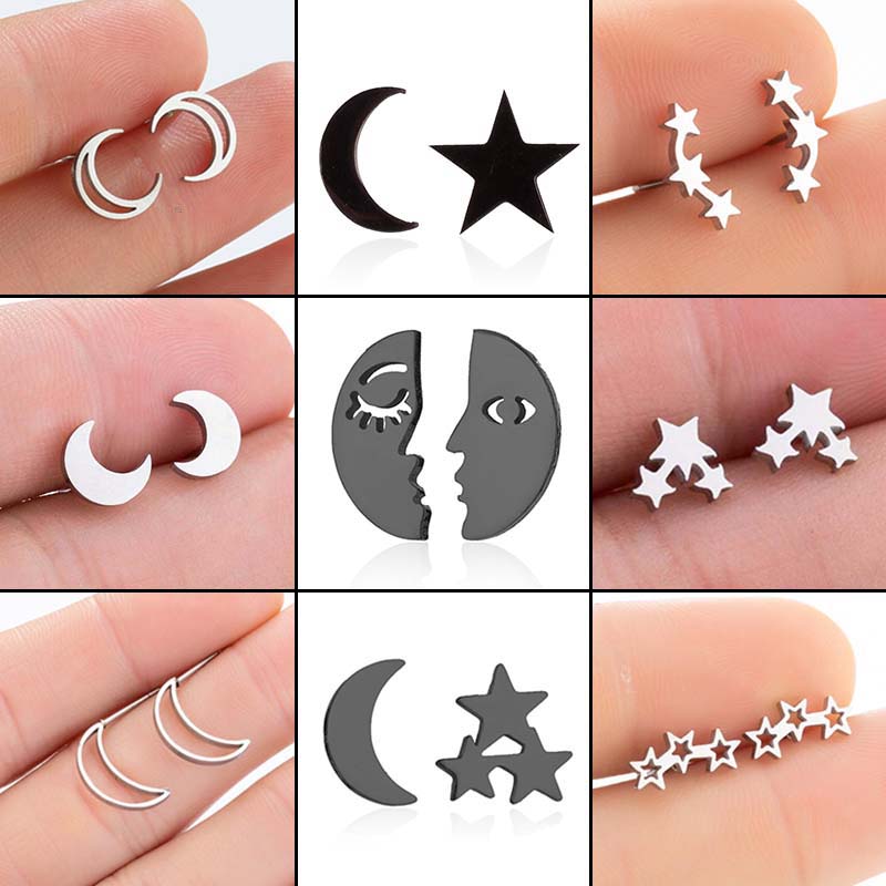 New Fashion Stainless Steel Moon Star Earring Asymmetry Geometric Ear Jewelry Girls Valentine's Day Earrings Accessories