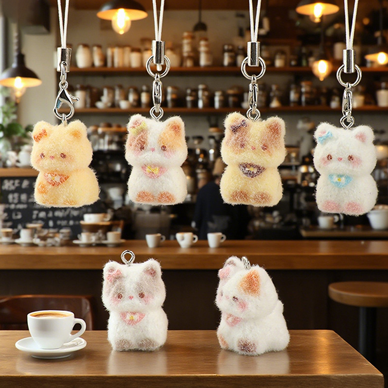 【H】Kawaii Plush Cute Cat Keychain Flocking Animal Pendant Phone Lanyard Hanging Keycord Charm Key Chains DIY Accessories s pen gpt