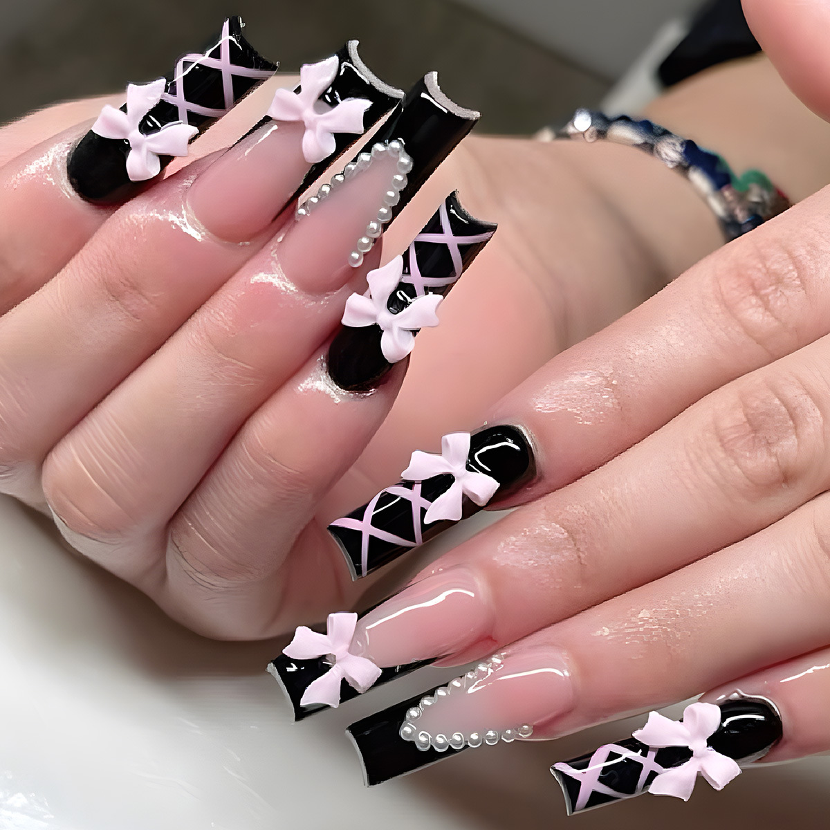 24Pcs Black French Press on Nails with Pearl Long Square Head False Nails 3D Pink Bow Design Y2k Fake Nails Finished Manicure