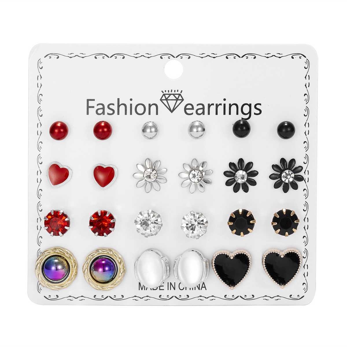 12Pair/Set Rhinestone Round Daisy Flower Heart Stud Earrings For Women Men Red Black Geometric Oval Earrings Party Jewelry
