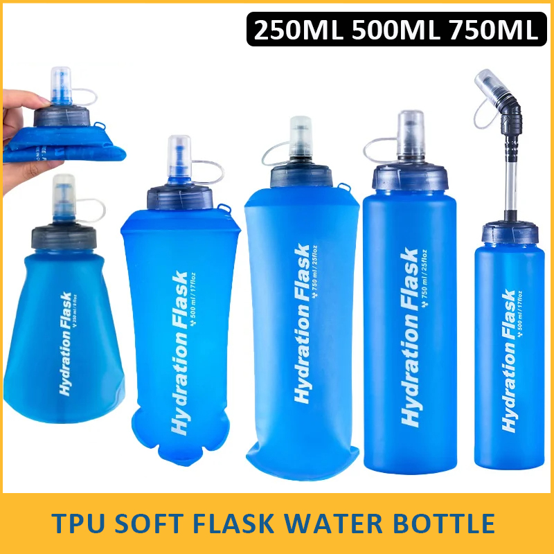 250/500/750ml TPU Outdoor Sport Bottle Folding Soft Flask Drink Water Bottle Running Camping Hiking Bicycle Fitness Water Bag