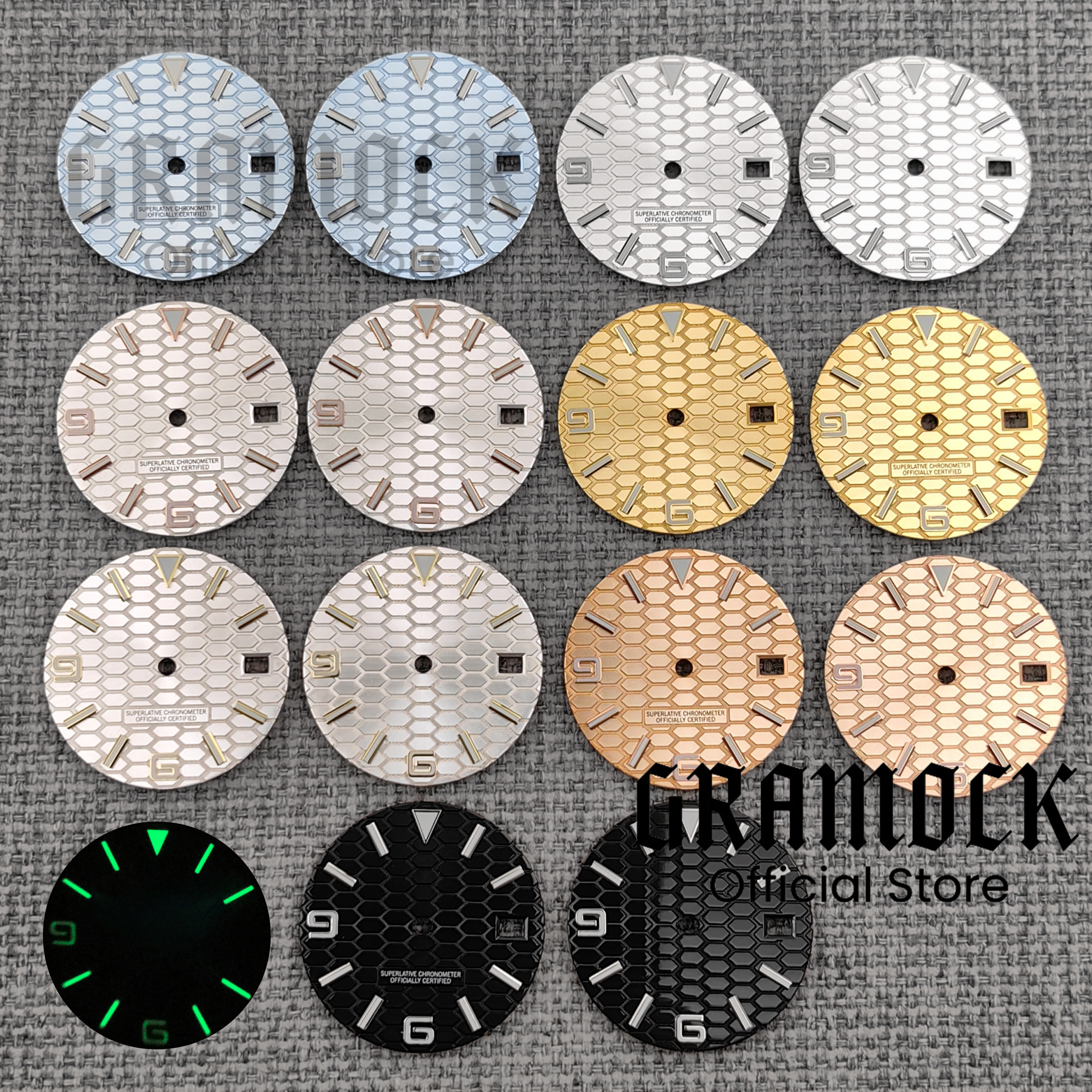 GRAMOCK 29mm Watch Parts Land Type Watch Dial Number Mark With Watch Hands Green Luminous Fit NH35 NH36 Movement 3 o'clock Date