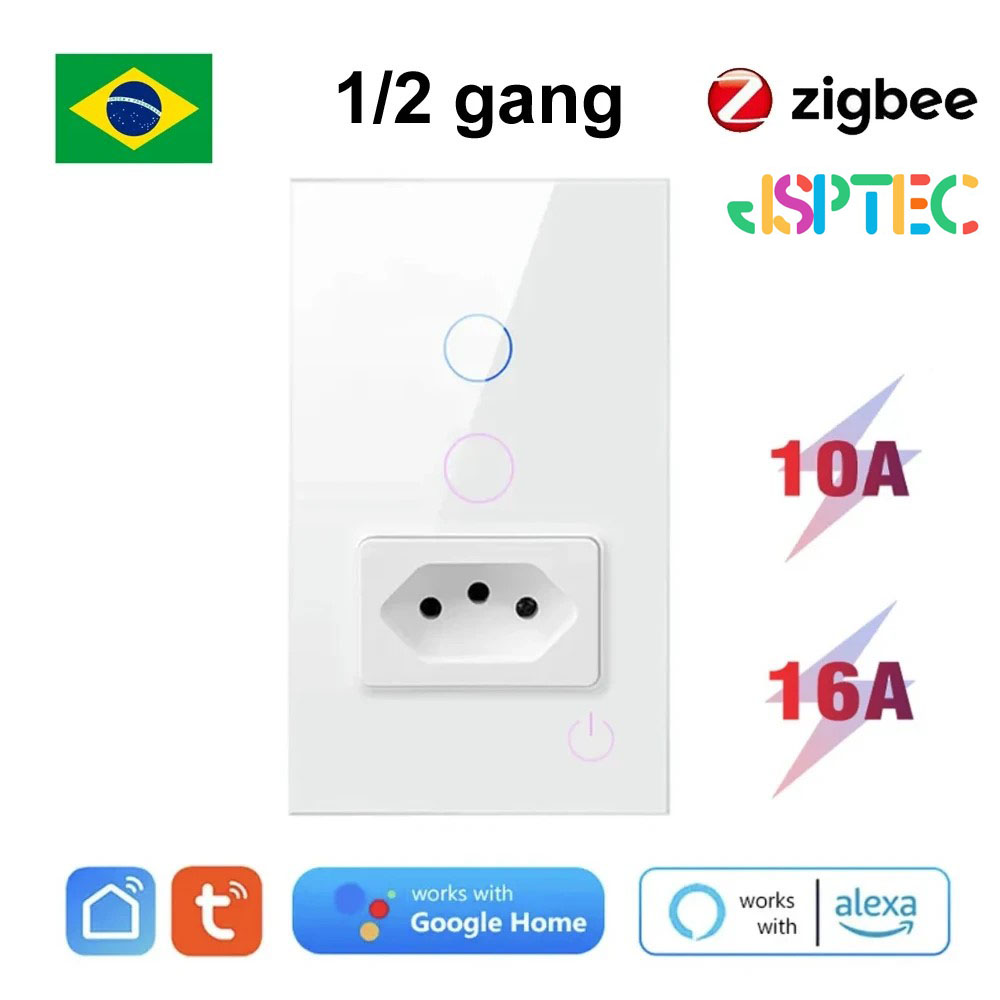 JSPTEC Tuya Smart Brazil ZigBee Switch 10A 16A Smart Socket Glass Panel 1 2 Gang Smart Light Switch Work With Alexa Home lightify