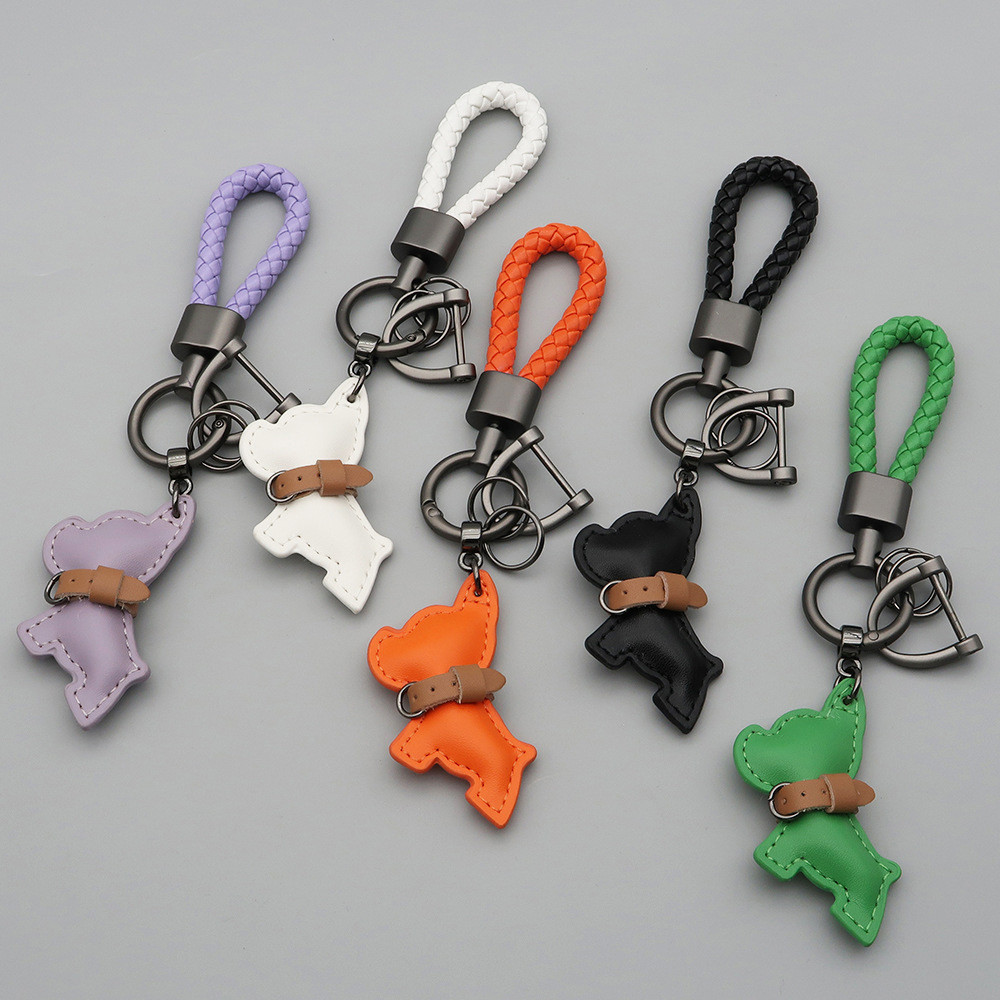 1PC Mini French Bulldog Anti-lost Keychain Leather Puppy Car Keychain Pendant Braided Rope