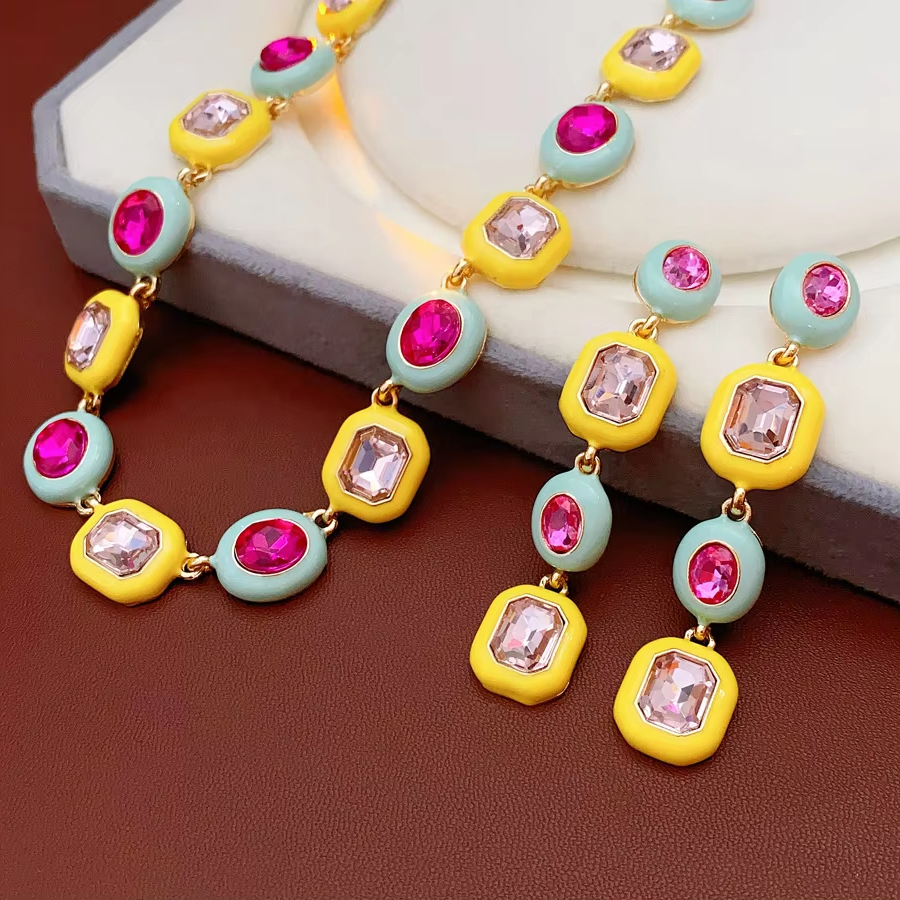 1/2 Pcs Colorful Square Oval Rhinestones Chokers Necklaces Women's Geometric Long Dripping Oil Dangle Earrinsg Vintage Jewelry N