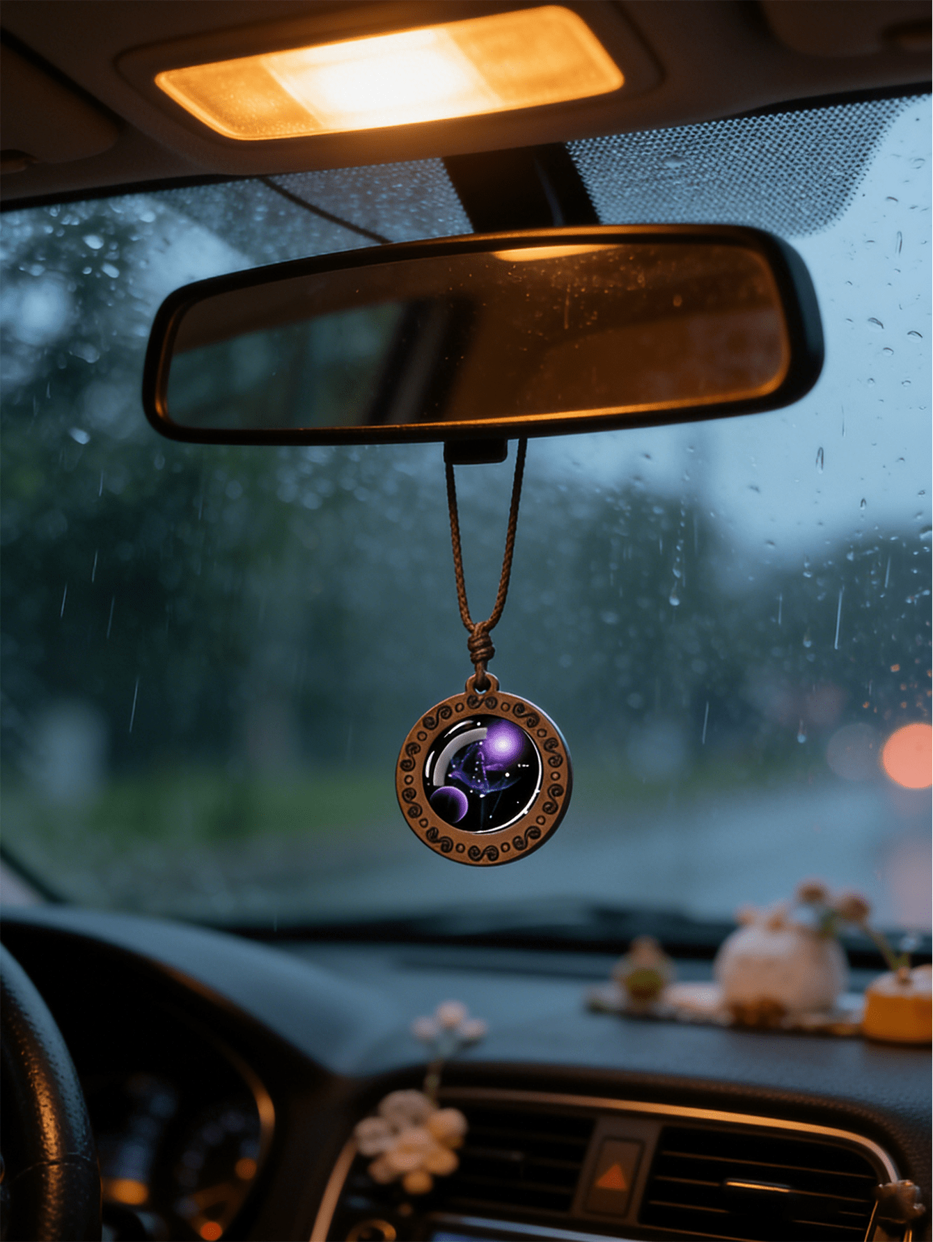 Personalized and Stylish Car Rearview Mirror with Starry Sky and Universe Design, Featuring a Retro Wooden Design and 12 Zodiac