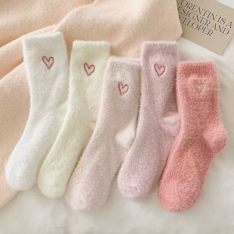 1/5 Pairs Thick Warm Fuzzy Double Heart Girls Mid-Calf Socks for Winter
