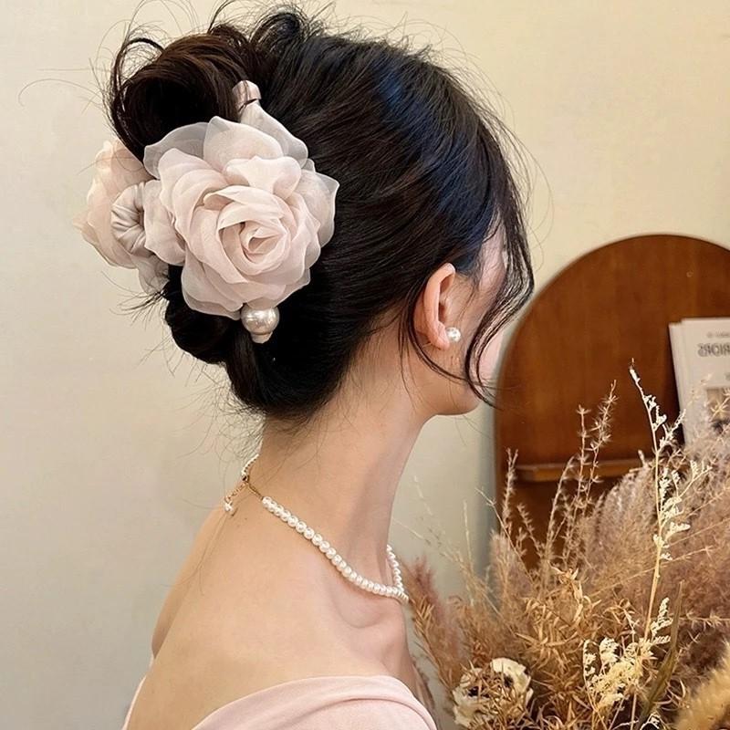 New Elegant Delicate Large Fabric Mesh Rose Flower Hair Clip For Women Girls Imitation Pearl Floral Shark Clip Hair Accessories