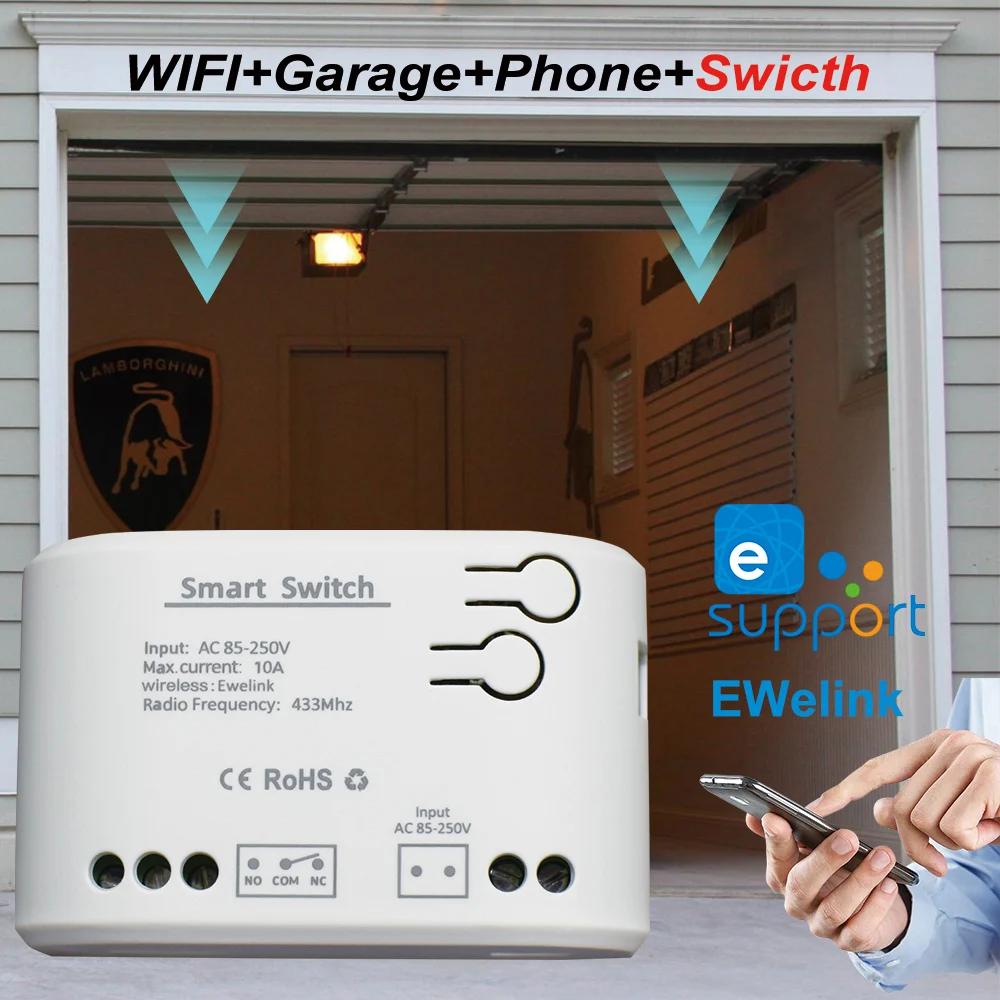 eWelink Wifi Smart Garage Door Electric Gate Opener Dry Contact Switch Module 433 RF Controller Alexa Timer AC DC 7-32V 85-250V