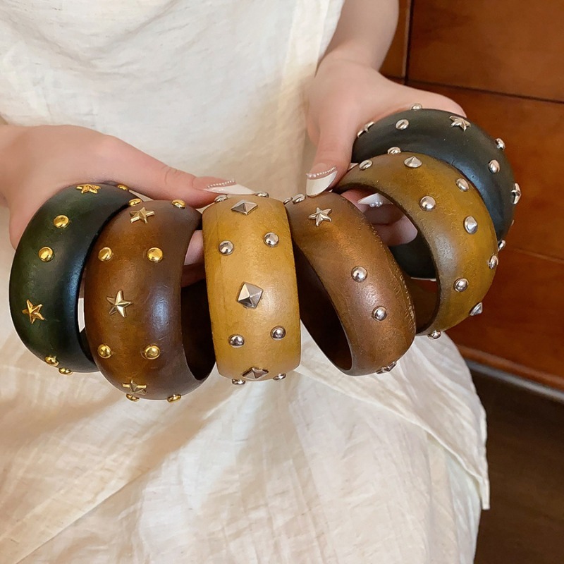 1/3 pcs Round Star Rivet Wood Bangles for Women Retro Ethnic Chunky Wristbands High-end Punk Hip Pop Geometric Hand Jewelry F