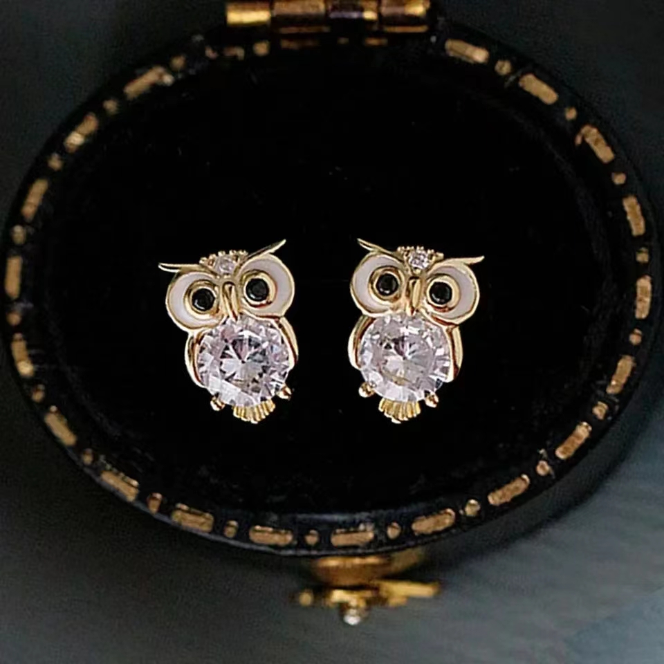 Fashion Owl Tiny Ear Studs For Women Creative Cute Dainty Shiny Animal Studs Gold Color Earrings Jewelry