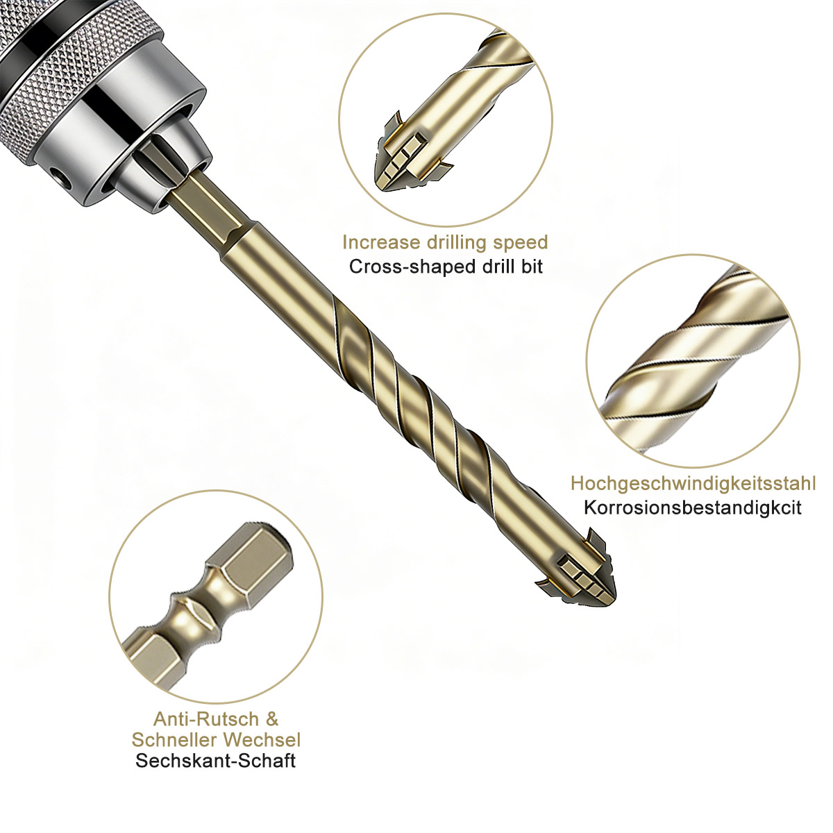 4-Edged Serrated Eccentric Drill Bit Set for Ceramic Tile Glass Marble Concrete Stone Stainless Steel Dry Drilling