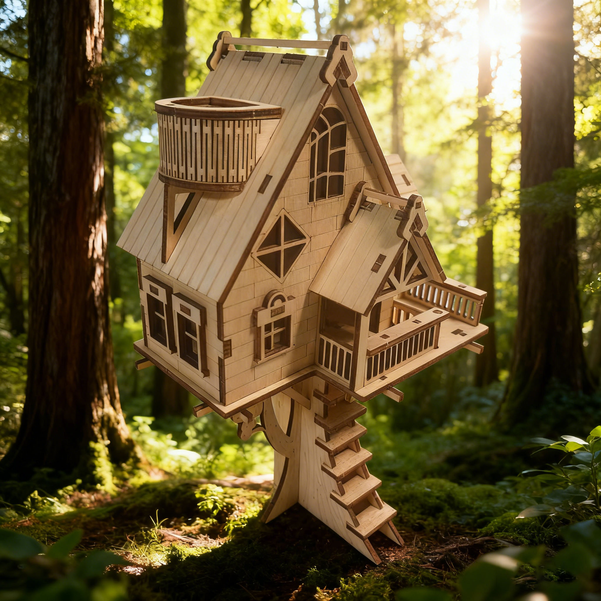 DIY Wooden Tree-Shaped House Model Kit 3D Puzzle Construction Fun Set Wooden Building Blocks & Halloween