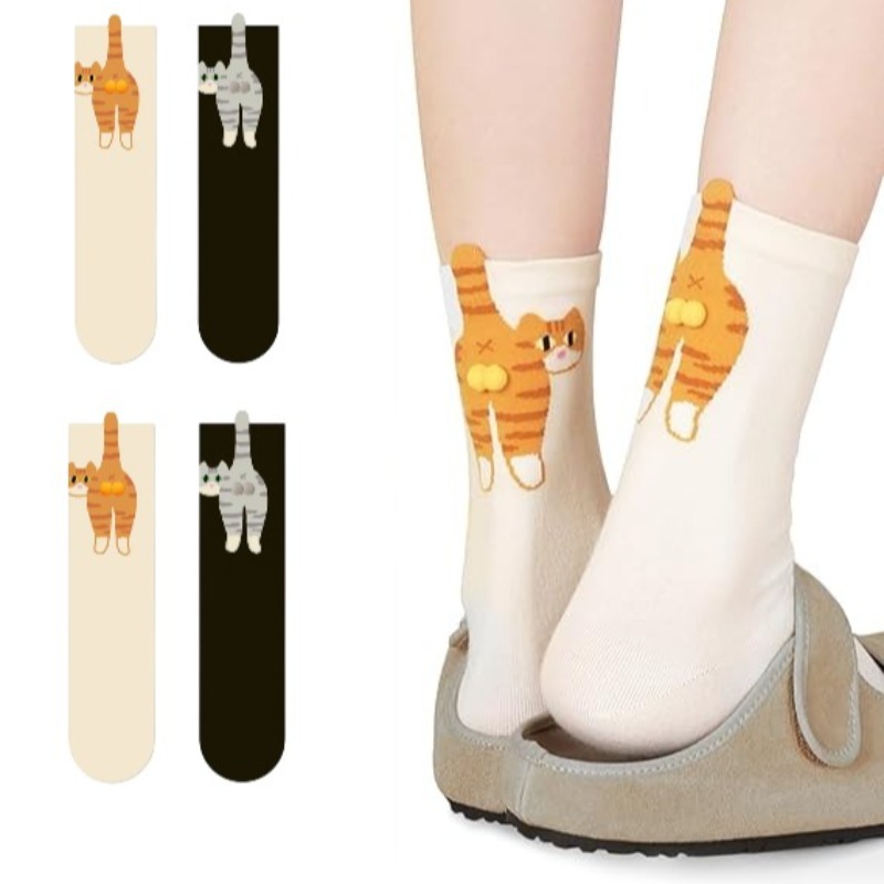 Kawaii 1Pair 3D Cat Design Mid Calf Socks, Black/White Funny Novelty Socks for Women, Cute for Halloween