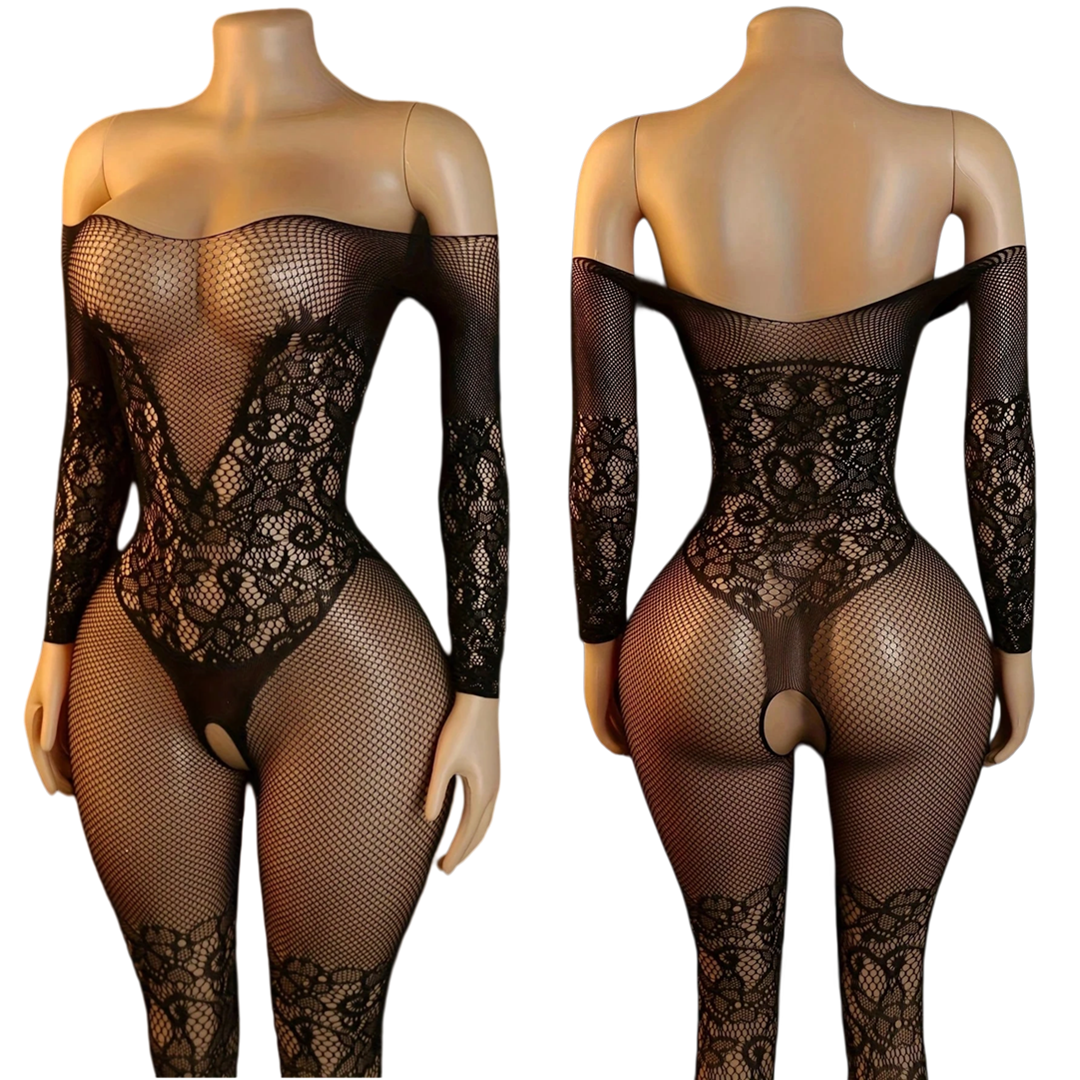 Strapless One-Shoulder Open Crotch ,Knit Fabric Body Stocking With Hollow Detail, Women's Bodystockings