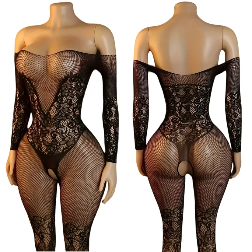 Strapless One-Shoulder Open Crotch ,Knit Fabric Body Stocking With Hollow Detail, Women's Bodystockings