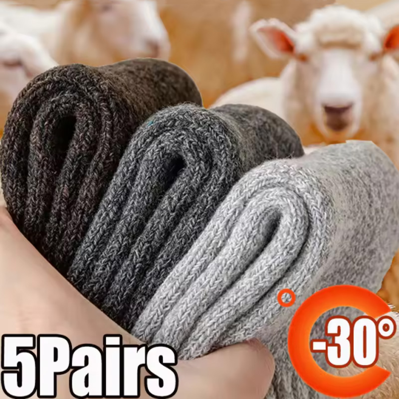 5 Pairs Winter Warm Men’s Socks Warm Male Women Socks Super Thicker Solid Socks Merino Wool Socks Against Cold Snow Terry Socks
