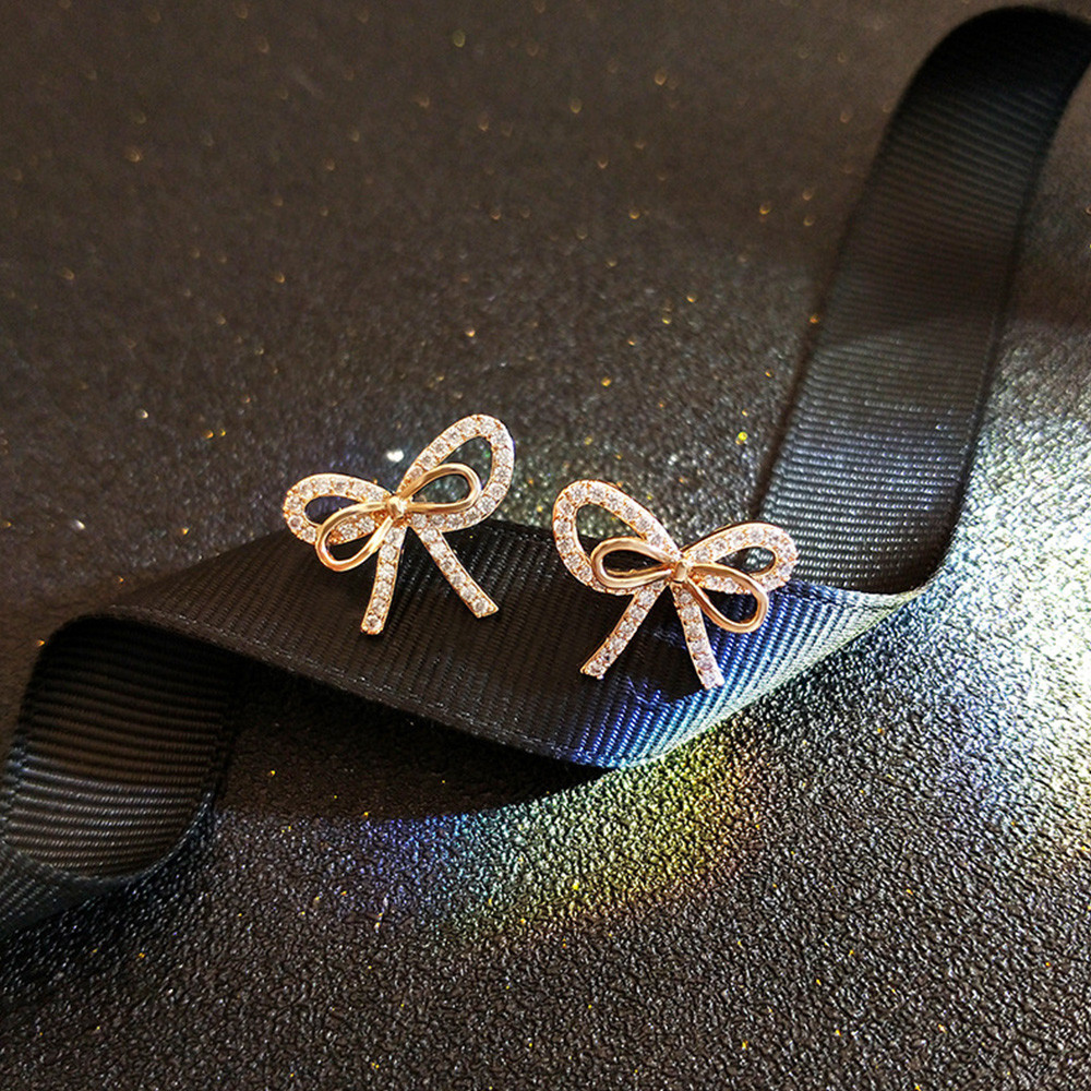 Huitan Luxury Gold Color Bow Stud Earrings Inlaid Crystal Cubic Zirconia Fancy Women's Earrings Daily Wear Chic Accessories